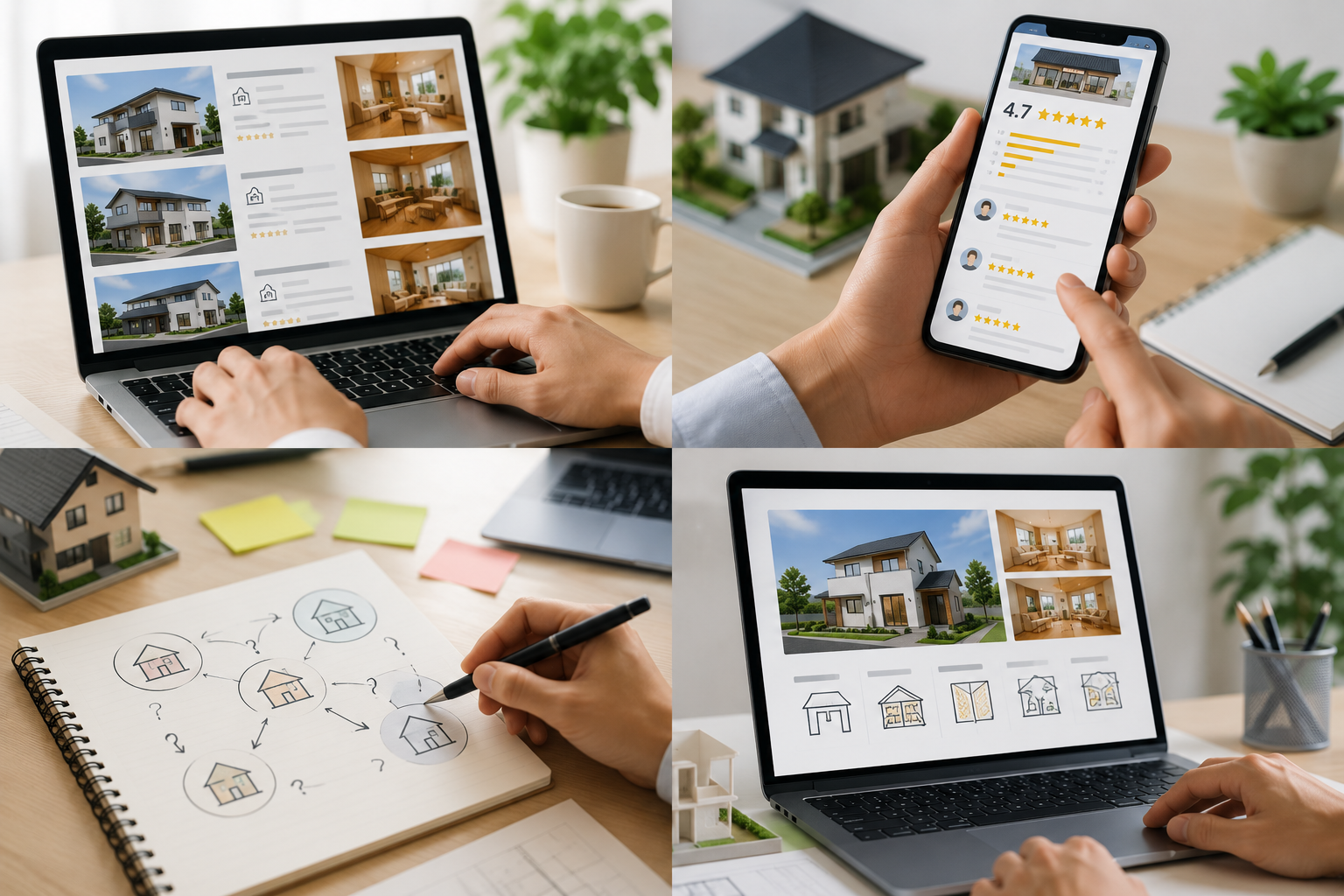 住宅比較サイトやレビューを見比べながら検討する様子