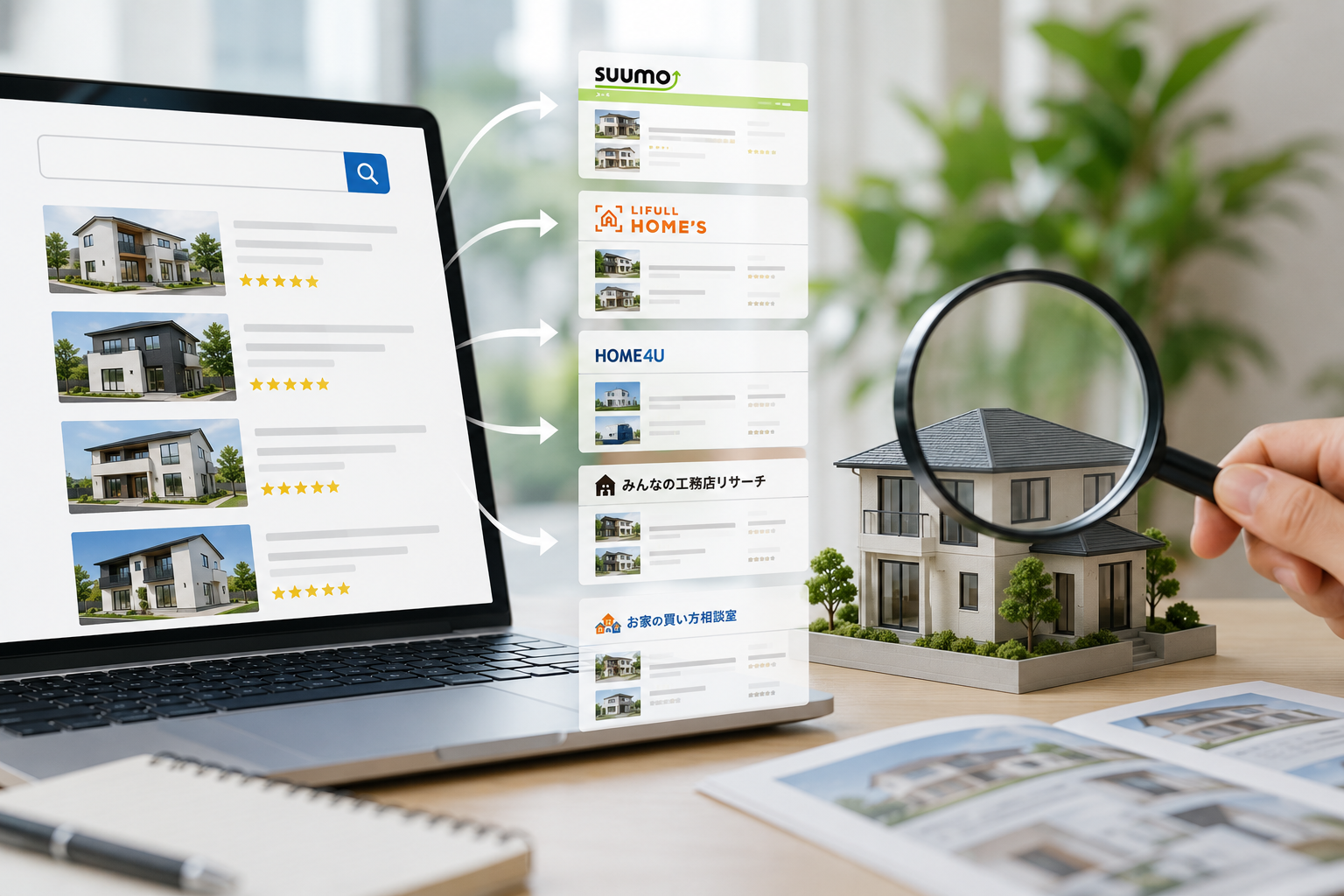 SUUMO・LIFULL HOME'S・HOME4U・みんなの工務店リサーチ・お家の買い方相談室といった比較ポータルサイト