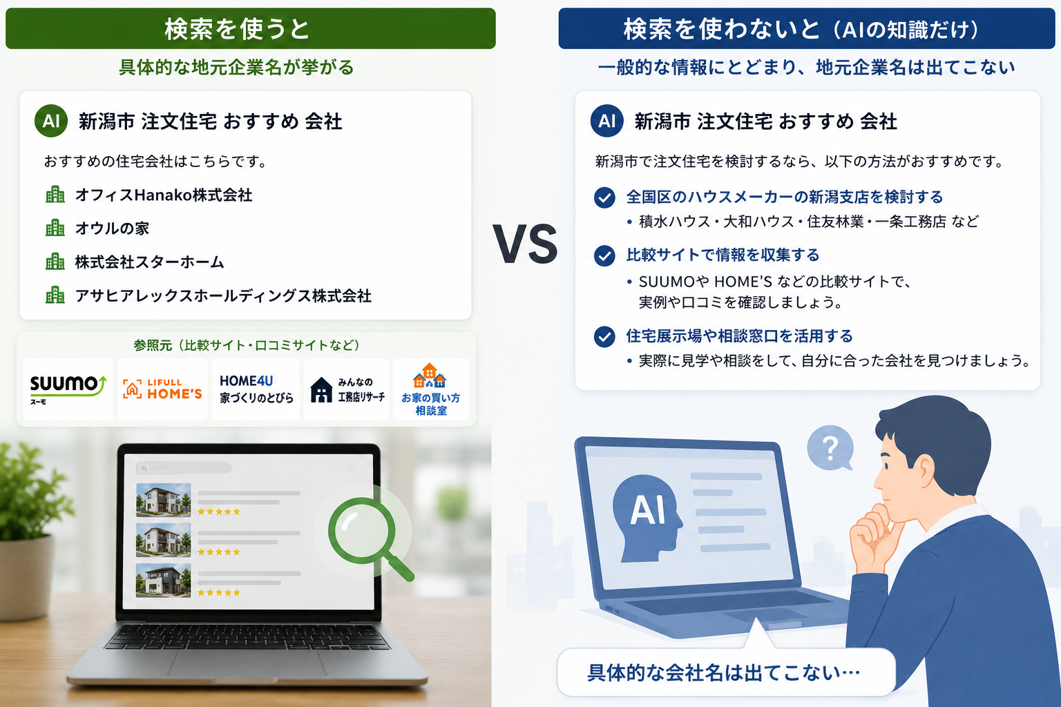 検索を使うと具体的な地元企業名が挙がり、検索を使わないと一般論にとどまることを比較した図