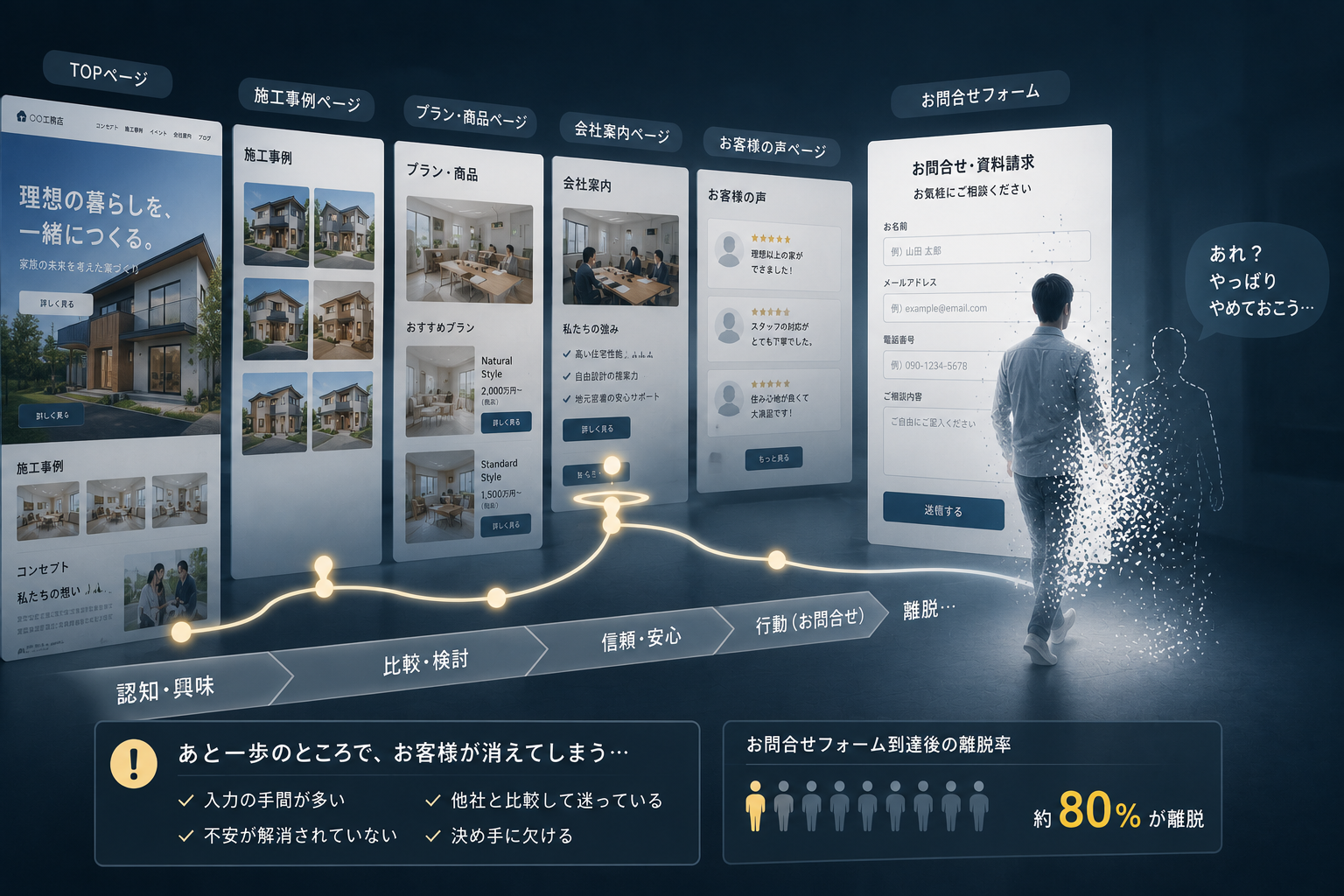 認知から問い合わせフォームまで進んだのに、あと一歩のところで離脱してしまうユーザーの行動経路