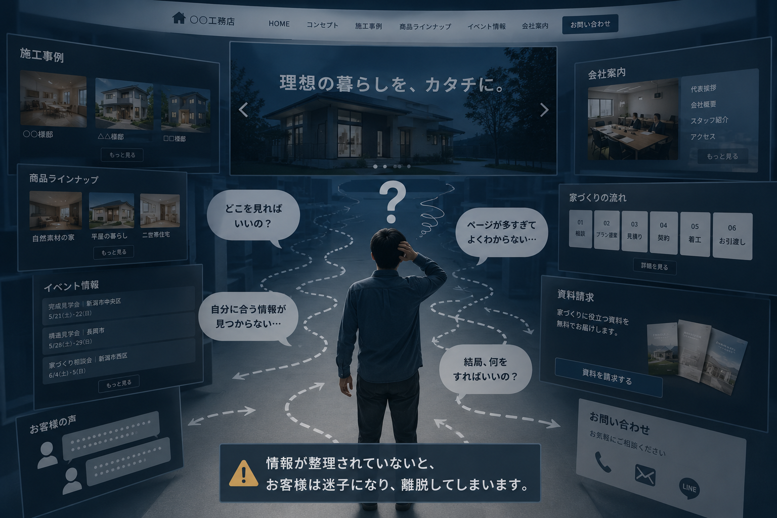 情報が整理されていないホームページで迷子になり、離脱してしまう訪問者のイメージ