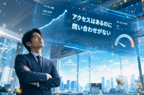 アクセス数は伸びているのに問い合わせだけが低いままのホログラムダッシュボードを見上げる住宅会社の担当者