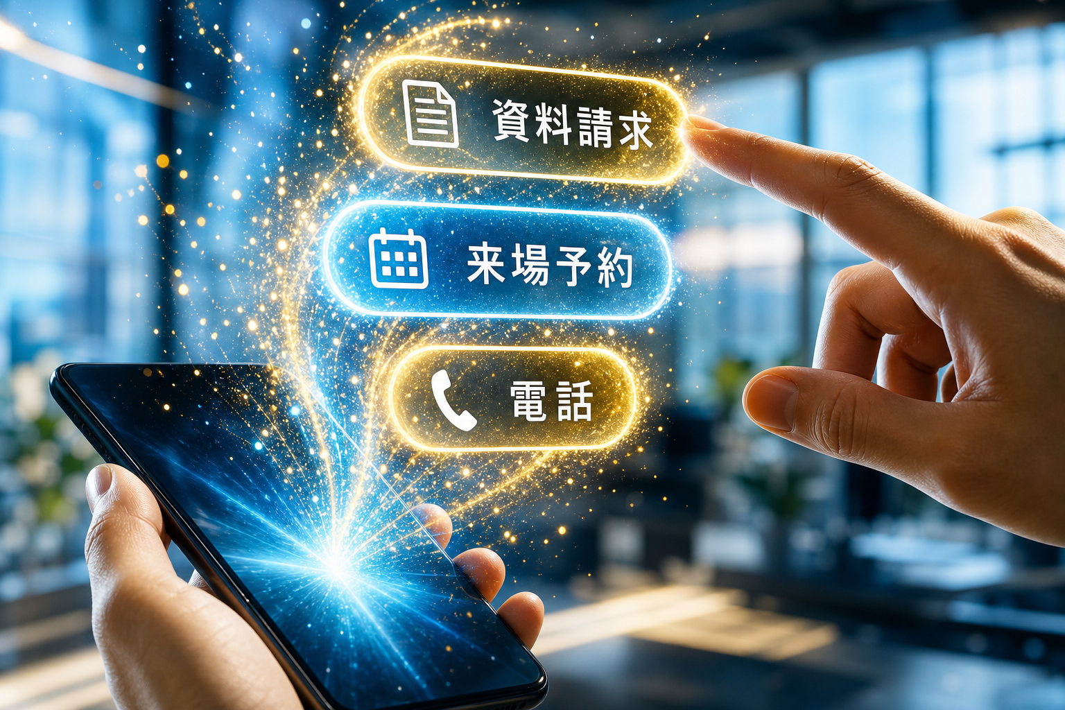 スマートフォン画面から浮かび上がる資料請求・来場予約・電話の3つの光るCVボタン