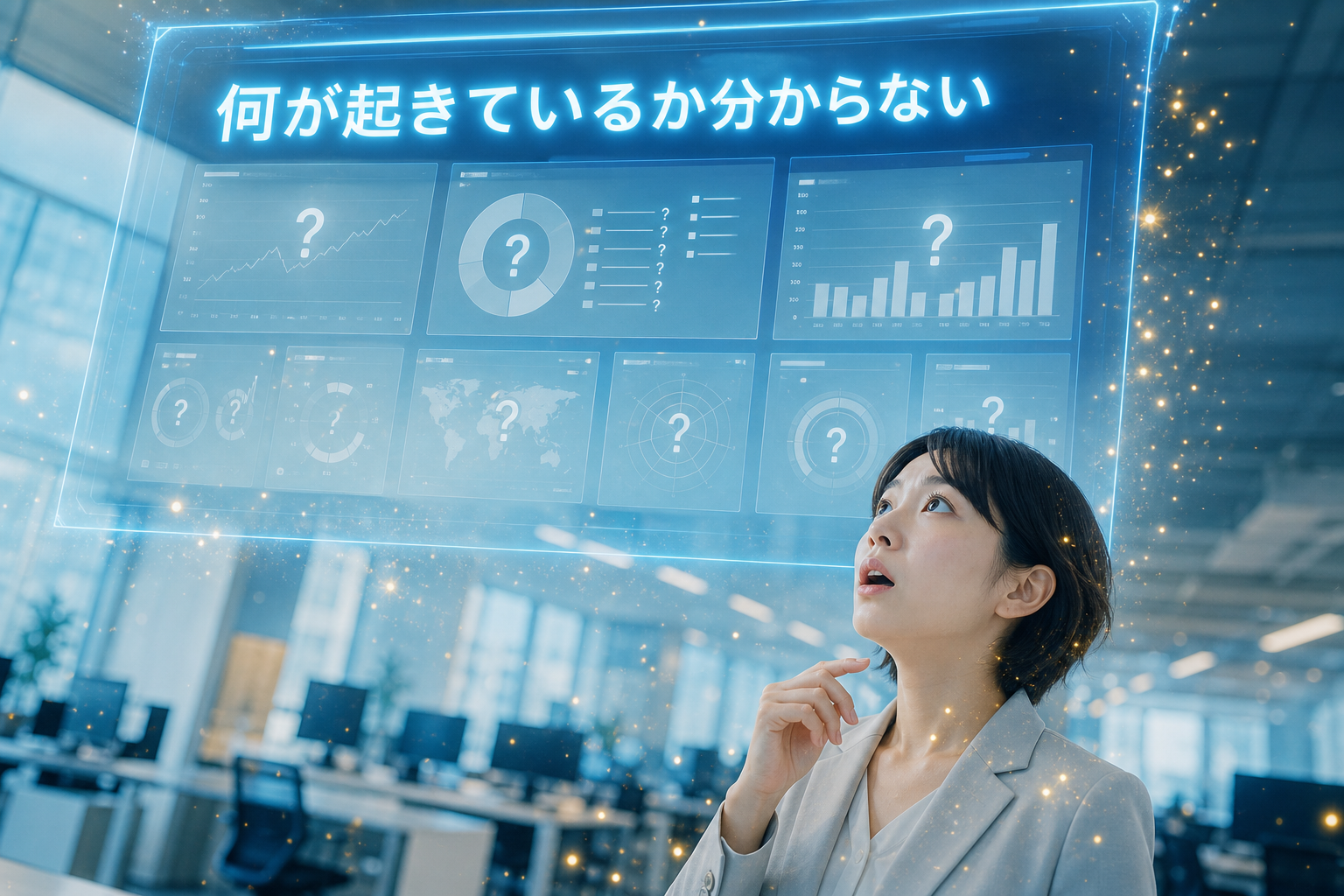 データが空白のままのダッシュボードを見上げ、何が起きているか把握できていない担当者