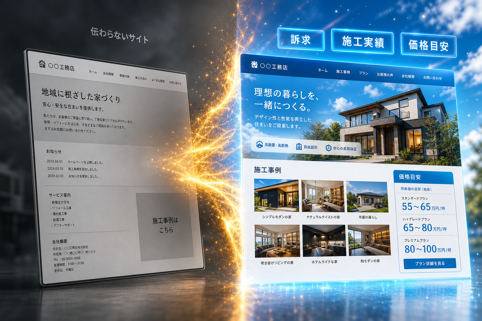 情報が乏しいサイトと、訴求・施工実績・価格目安が伝わるサイトを左右に並べたビフォーアフター比較