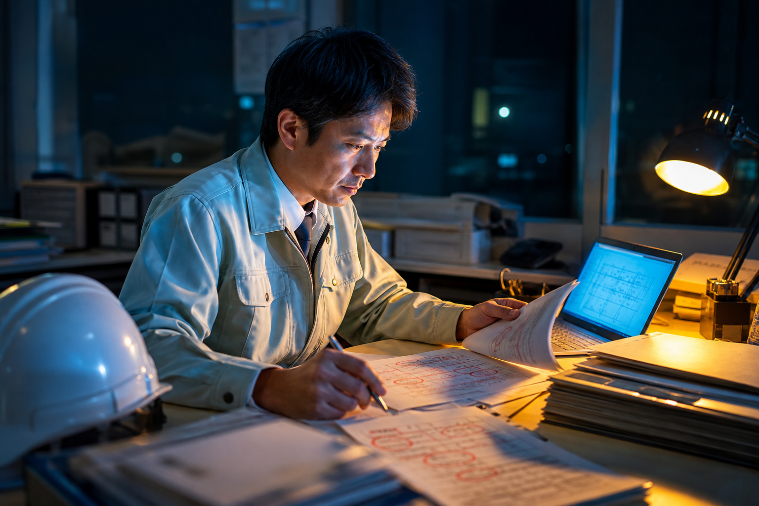 夜の現場事務所で過去の変更協議資料を参照しながら作業をしている現場所長の一瞬