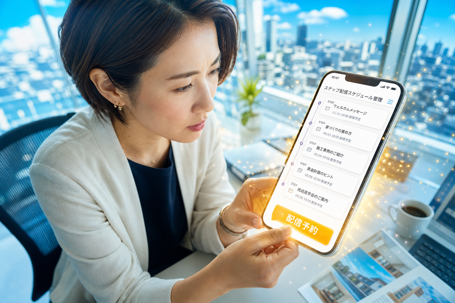 住宅会社の広報担当者が公式LINEのステップ配信スケジュールを操作している動きの途中の一瞬