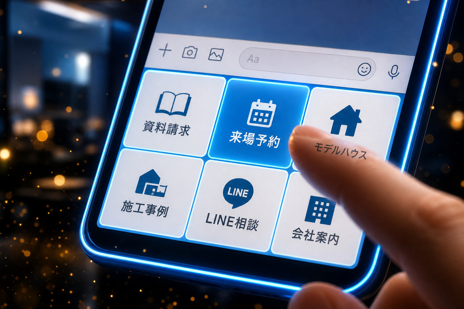 住宅会社の公式LINEのリッチメニュー6パネル（資料請求・来場予約など）を至近距離で捉えたマクロ接写