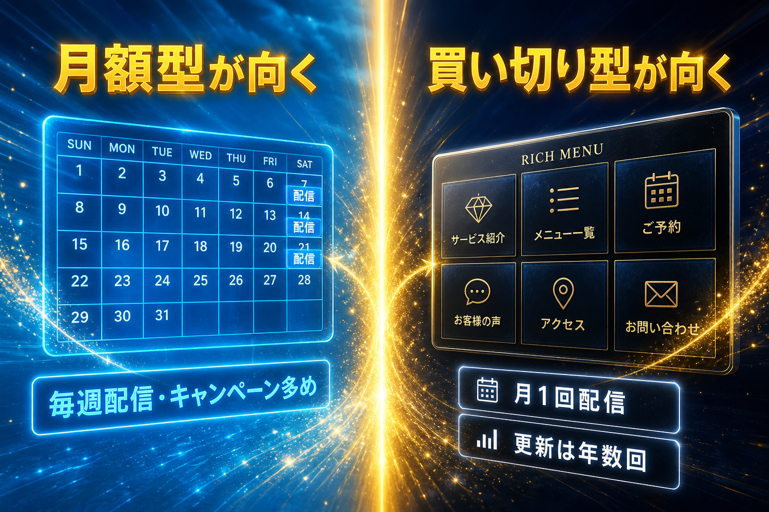毎週配信・キャンペーン多めなら月額型／月1回配信・更新は年数回なら買い切り型、という向き不向きを左右に分けたビフォーアフター構図