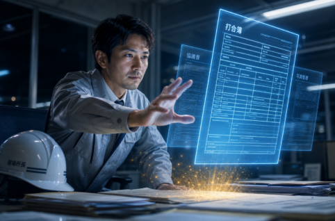 夜の現場事務所で、浮かび上がった書類のホログラムに手を伸ばす現場所長
