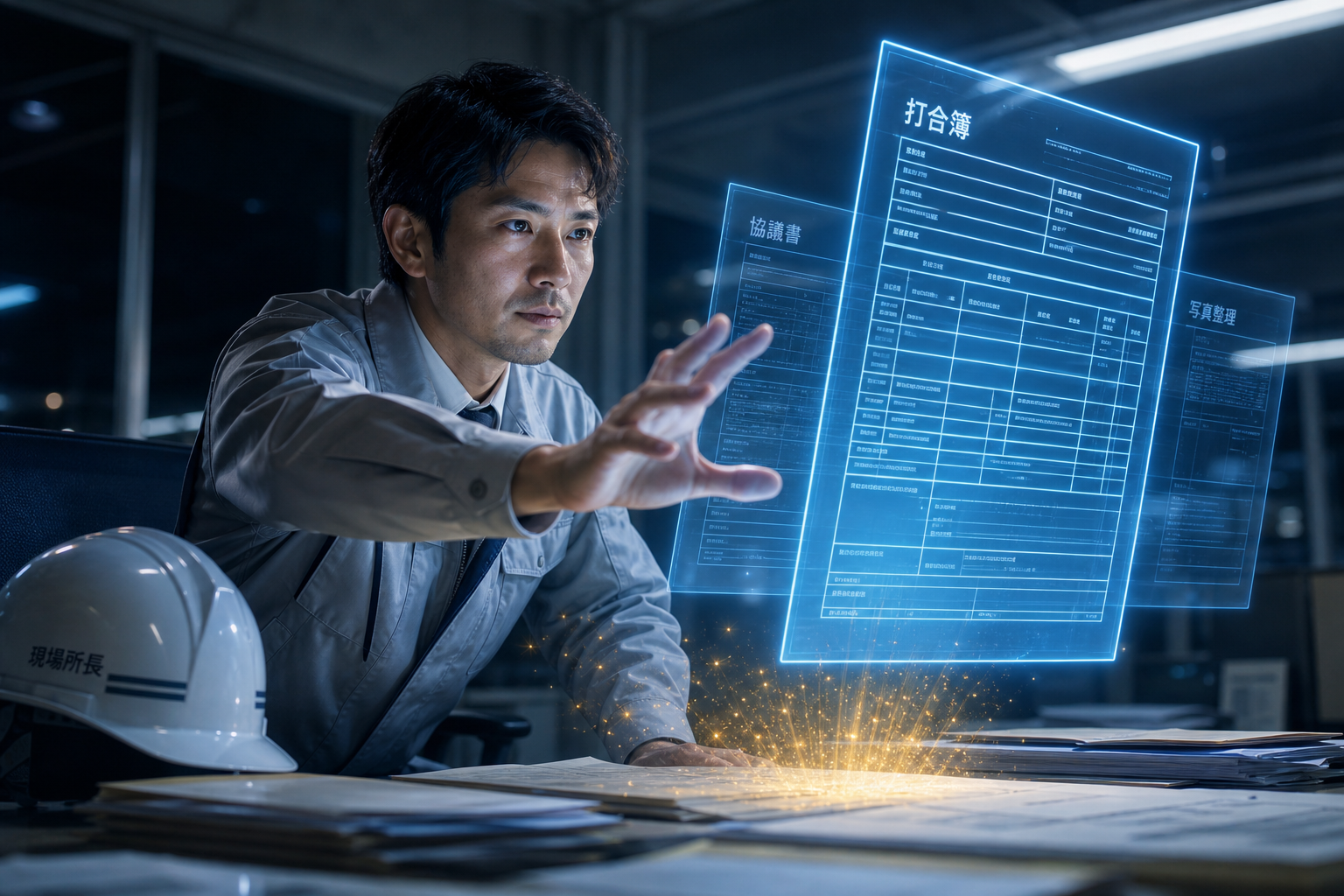 夜の現場事務所で、浮かび上がった書類のホログラムに手を伸ばす現場所長