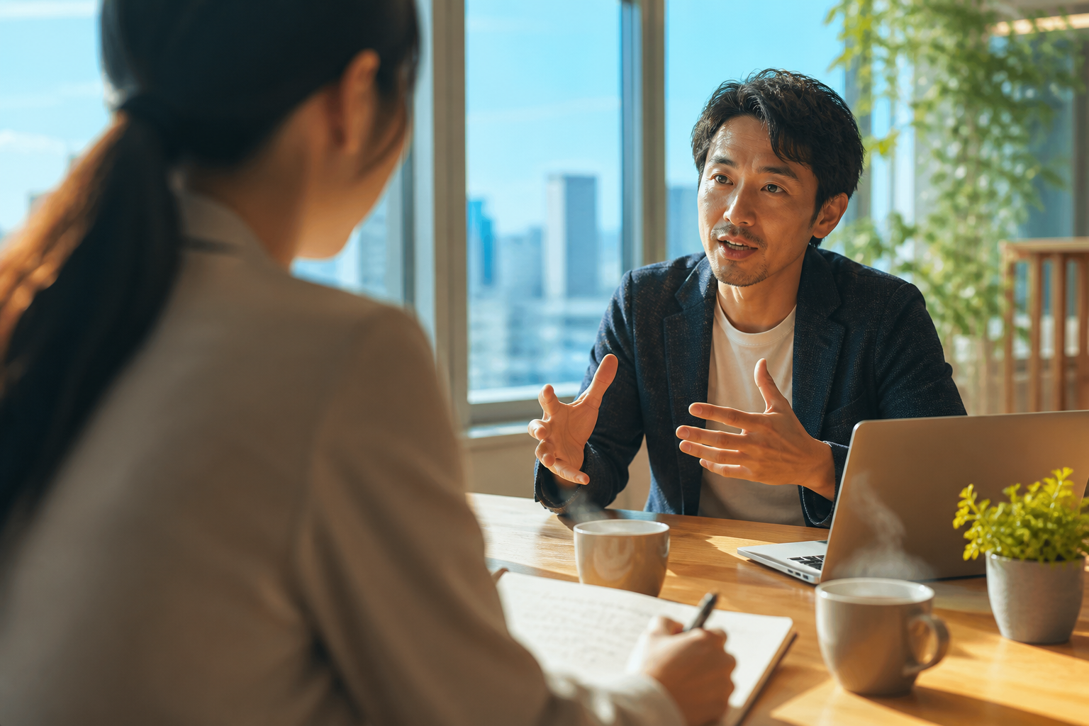打ち合わせテーブルで相談者の話をメモしながら聴いている初回相談の一場面
