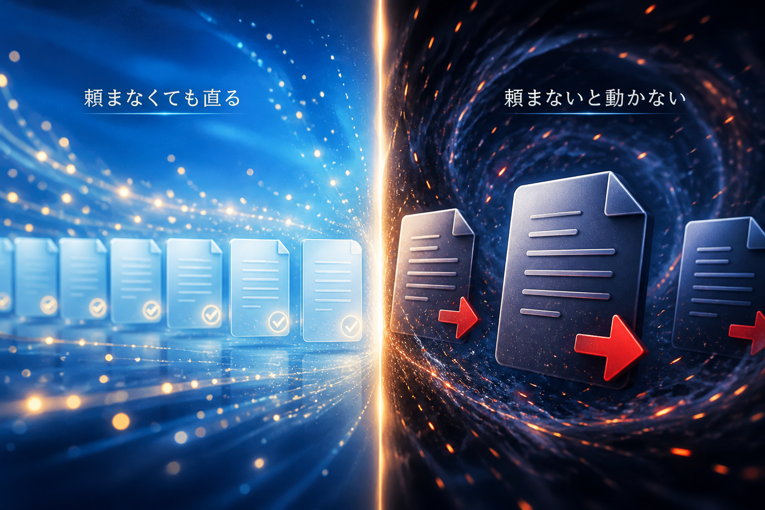 頼まなくても直る仕事と頼まないと動かない仕事を左右に対比した抽象イメージ