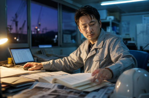 夕方の現場事務所で、現場から戻った所長がヘルメットを脇に置いて書類作業を始めようとしている瞬間