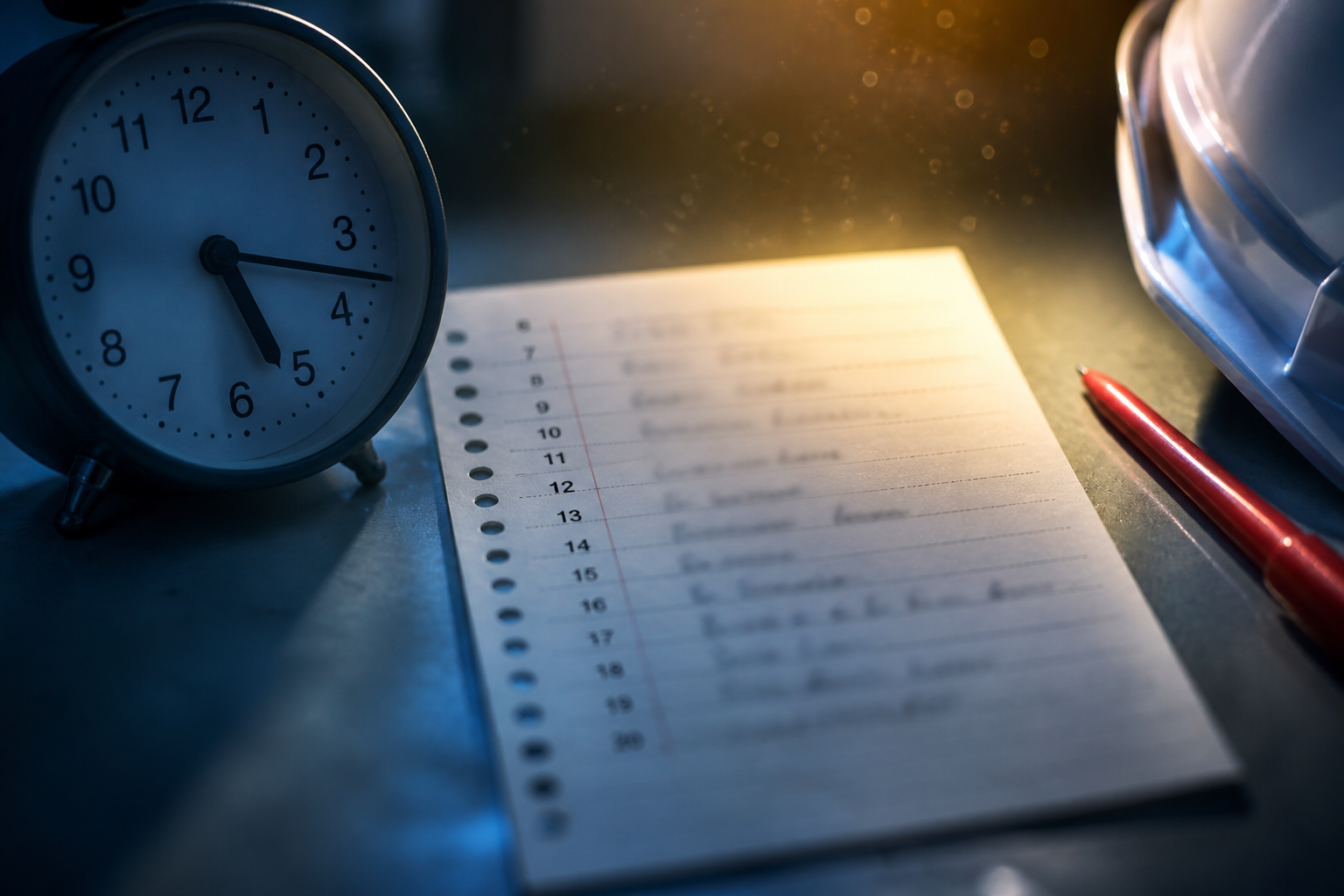 時刻ごとに手書きされた1日のタイムスケジュールと、17時過ぎを指す卓上時計のクローズアップ