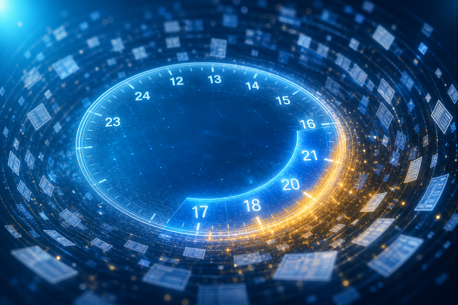17時から22時の帯が強調された巨大な時計の周りを、書類のカードが光の粒子となって旋回している抽象イメージ