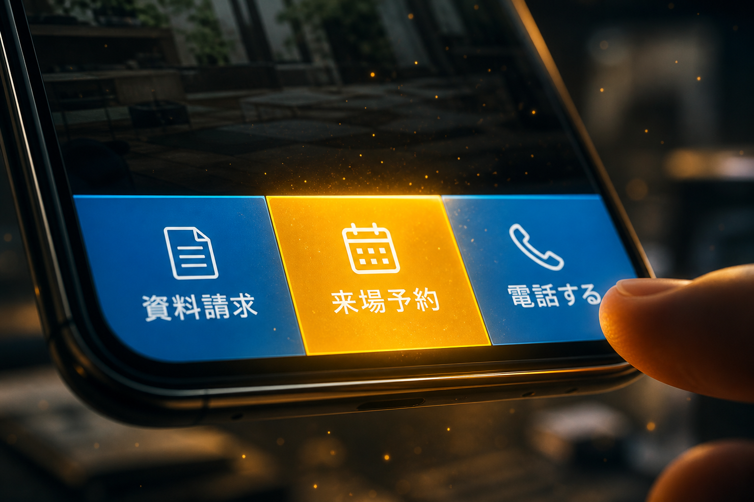 スマホ画面下部に固定された3分割CVバー(資料請求・来場予約・電話)のマクロ接写。中央の来場予約が金色で強調