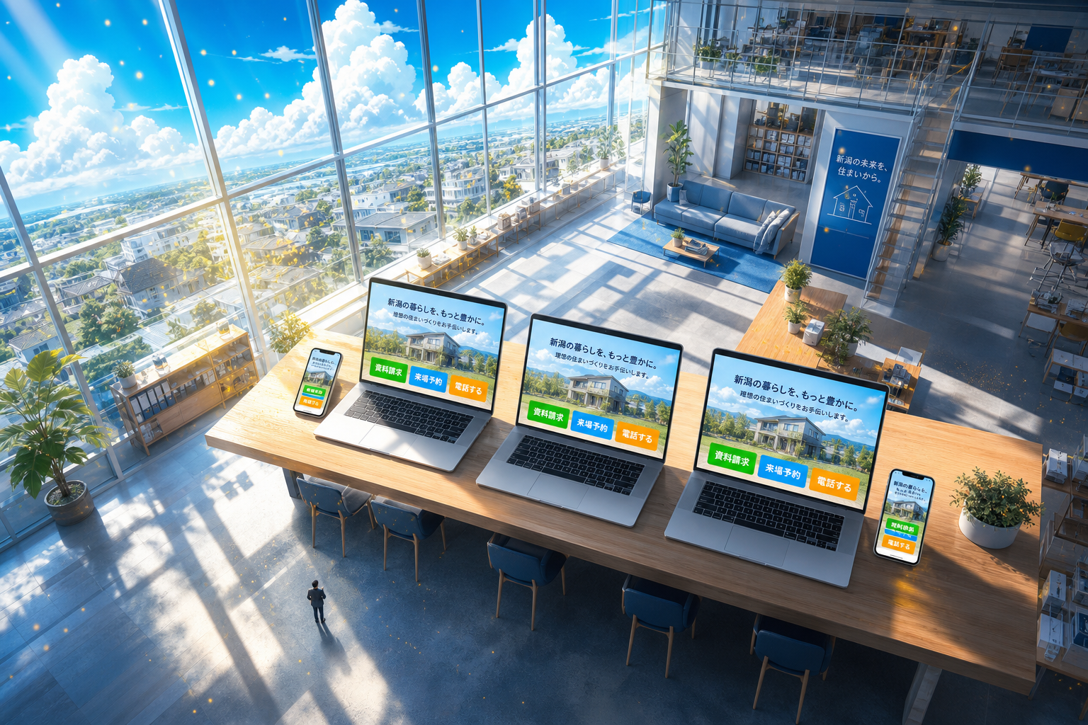 住宅会社のオフィスを俯瞰した構図で、3台のPCと2台のスマホに同じサイトが並び、資料請求・来場予約・電話の3つのCVボタンが光る