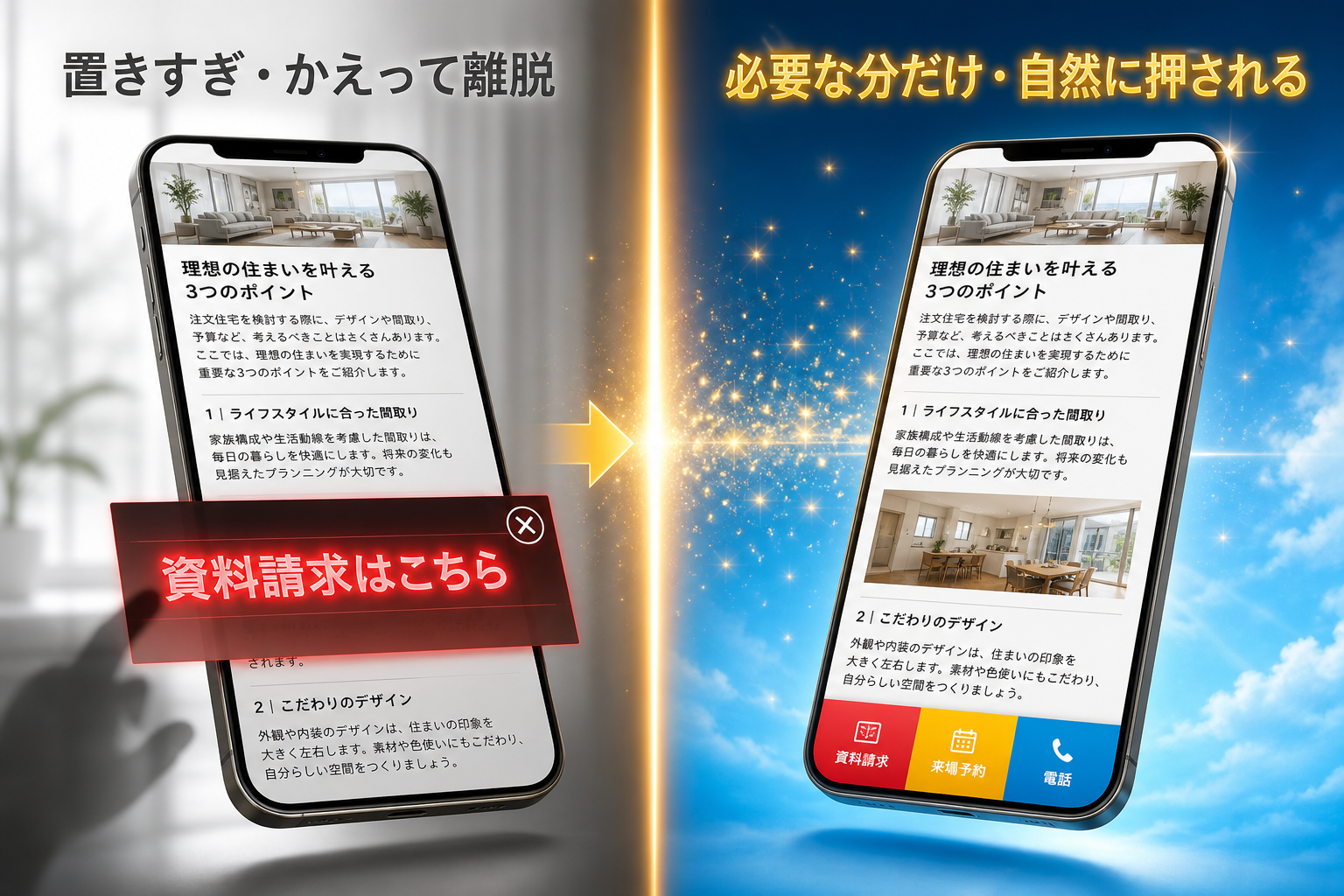 画面を覆う追従バナーで離脱を招くパターンと、下部だけにスリムな3分割固定バーを置くパターンを左右に並べたビフォーアフター