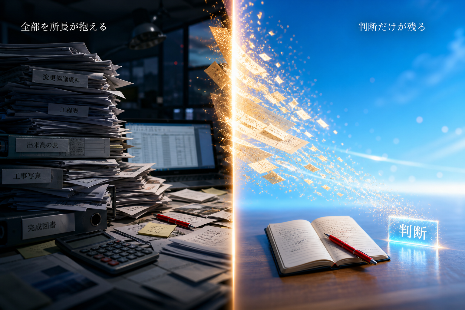 全部を所長が抱えている机と、書類が外に流れ出て判断だけが残っている机の左右対比
