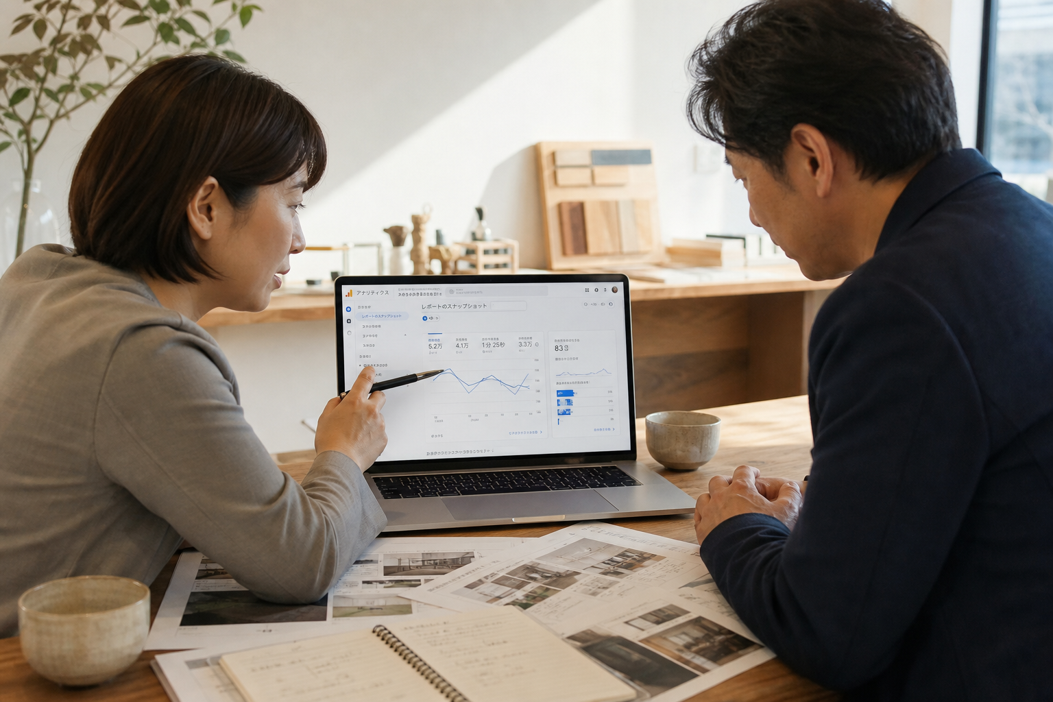 住宅会社のオフィスでサイト担当者と経営者が並んでノートPCのGA4管理画面を見ながら話し合っている