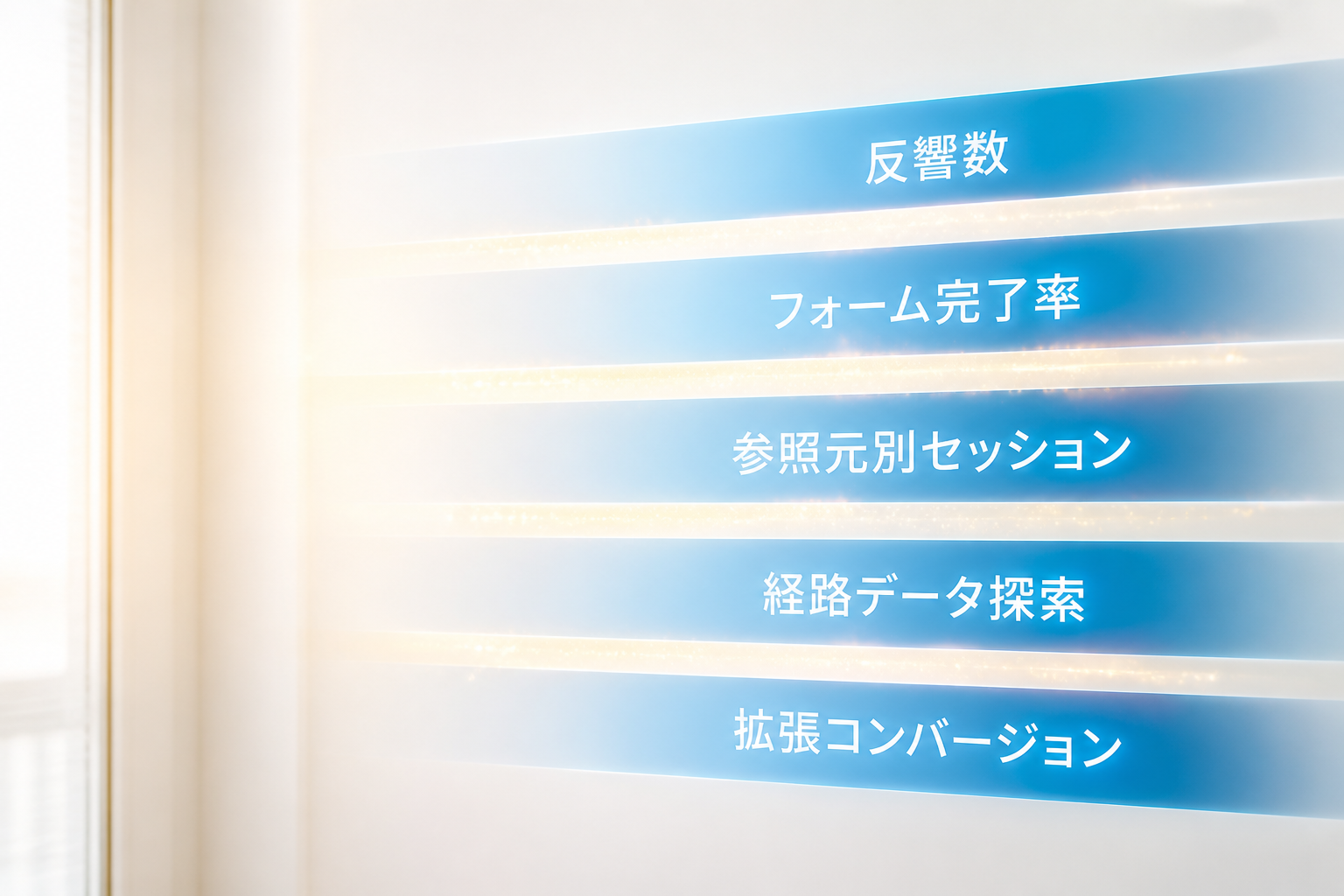 GA4計測改修で見えるようになる5つの数字(反響数・フォーム完了率・参照元別セッション・経路データ探索・拡張コンバージョン)を5本の光の帯で表現した抽象データアート