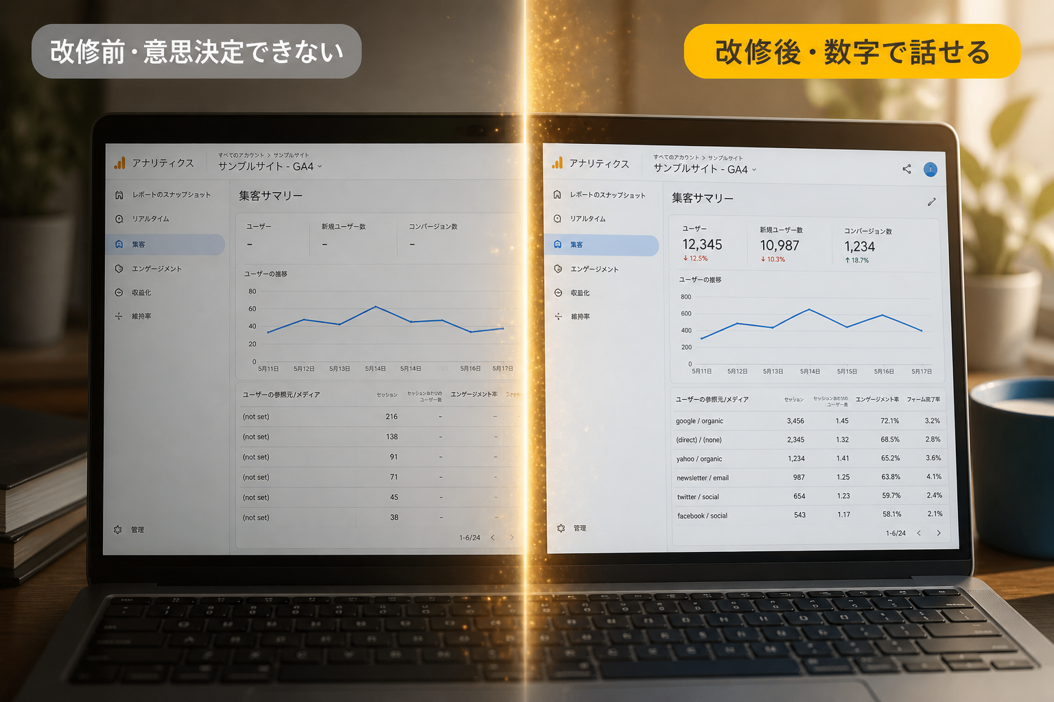 GA4計測改修の前後を左右で対比するビフォーアフター。左は空欄やnot setだらけで意思決定できず、右は数字が揃って話せる状態