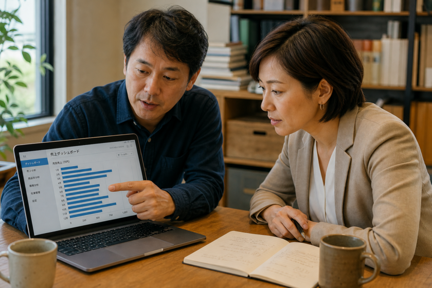 ノートPCの分析画面を2人で覗き込みながら経過を説明している場面