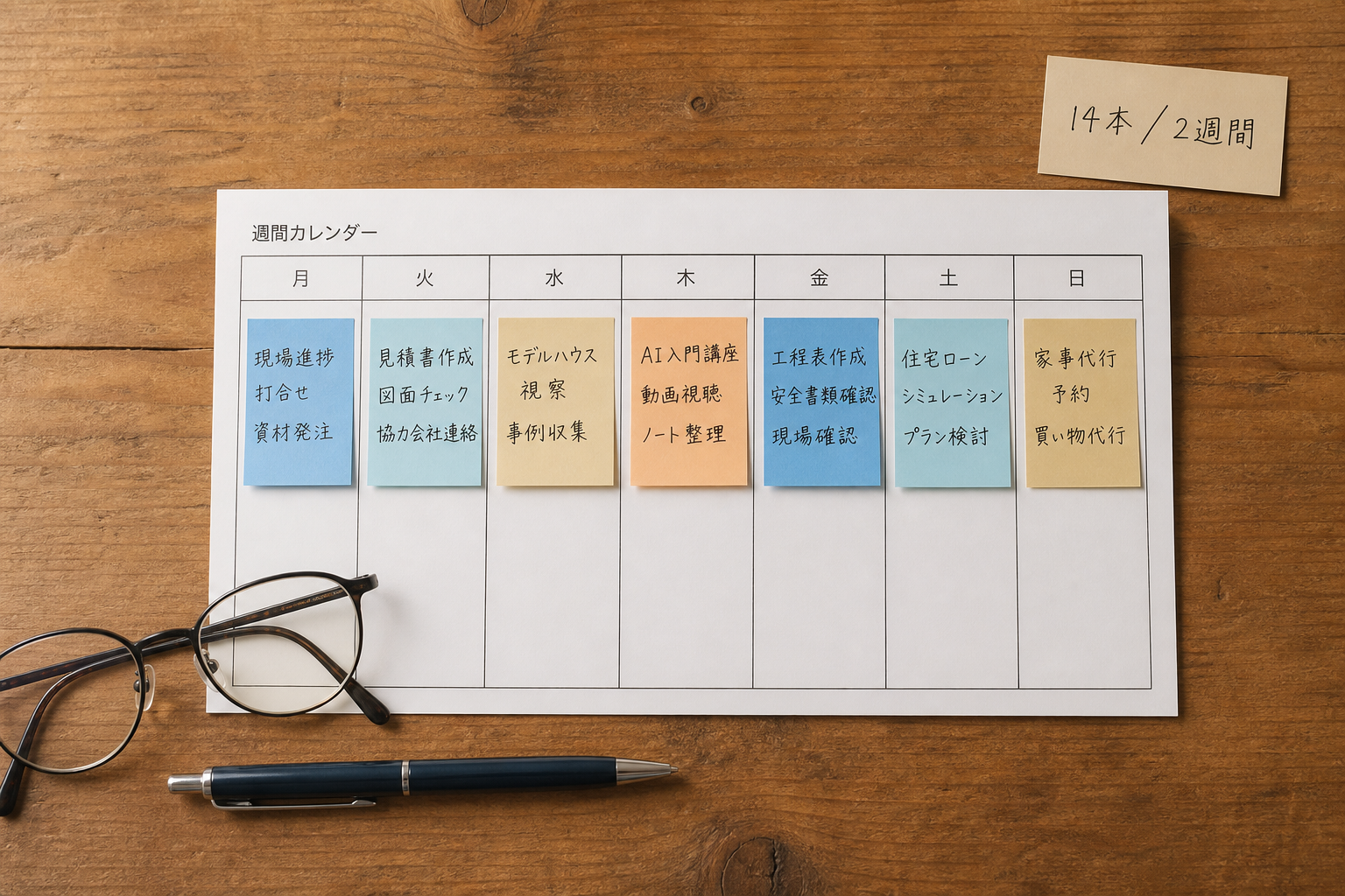 曜日ごとに4色の付箋が並んだ投稿カレンダーの俯瞰