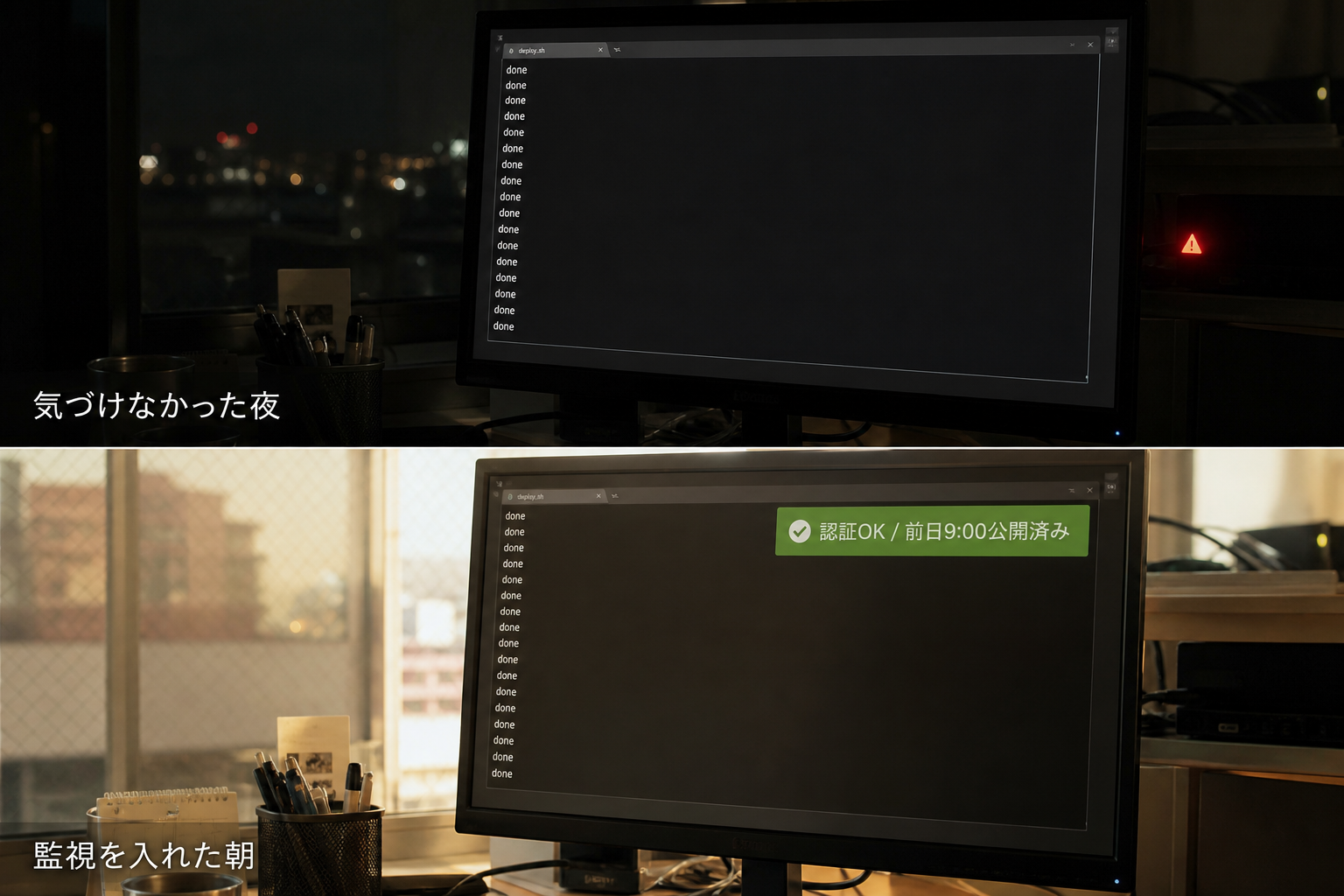 監視を入れる前と後で、同じ画面が別の意味を持つビフォーアフター分割