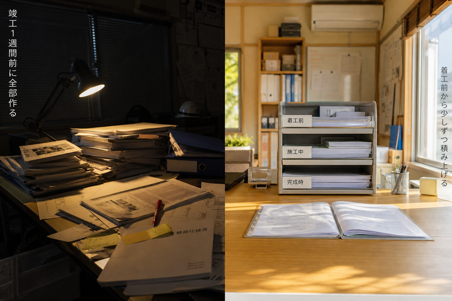 竣工前に全部の書類を作る夜の机と、着工前から時期別に積み上げてきた3段ラックの左右対比