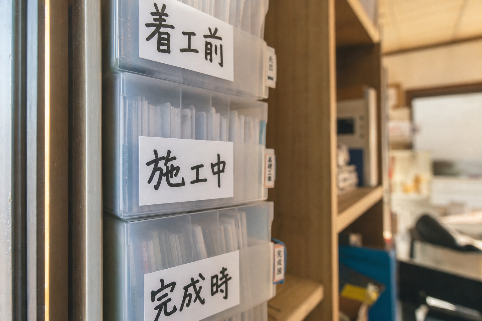 着工前・施工中・完成時の3段ラベルが貼られた現場事務所のクリアファイル棚のクローズアップ