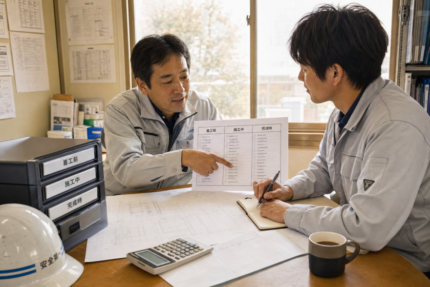 現場所長が若手監督に3列のチェックリストを見せながら説明している現場事務所の机の風景