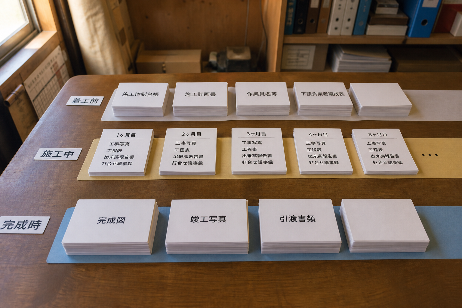 着工前・施工中・完成時の3期のタイムラインに書類のカードが積み上がっていく構造の抽象イメージ