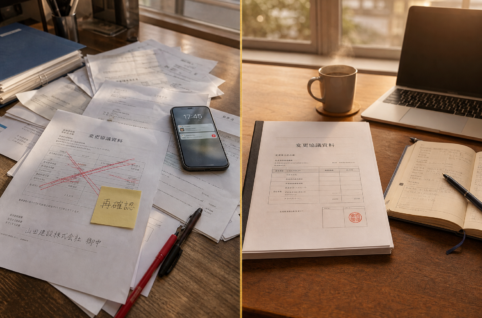 AIに任せきりで事故った書類と、下ごしらえだけ任せて所長が最終確認した書類の左右対比