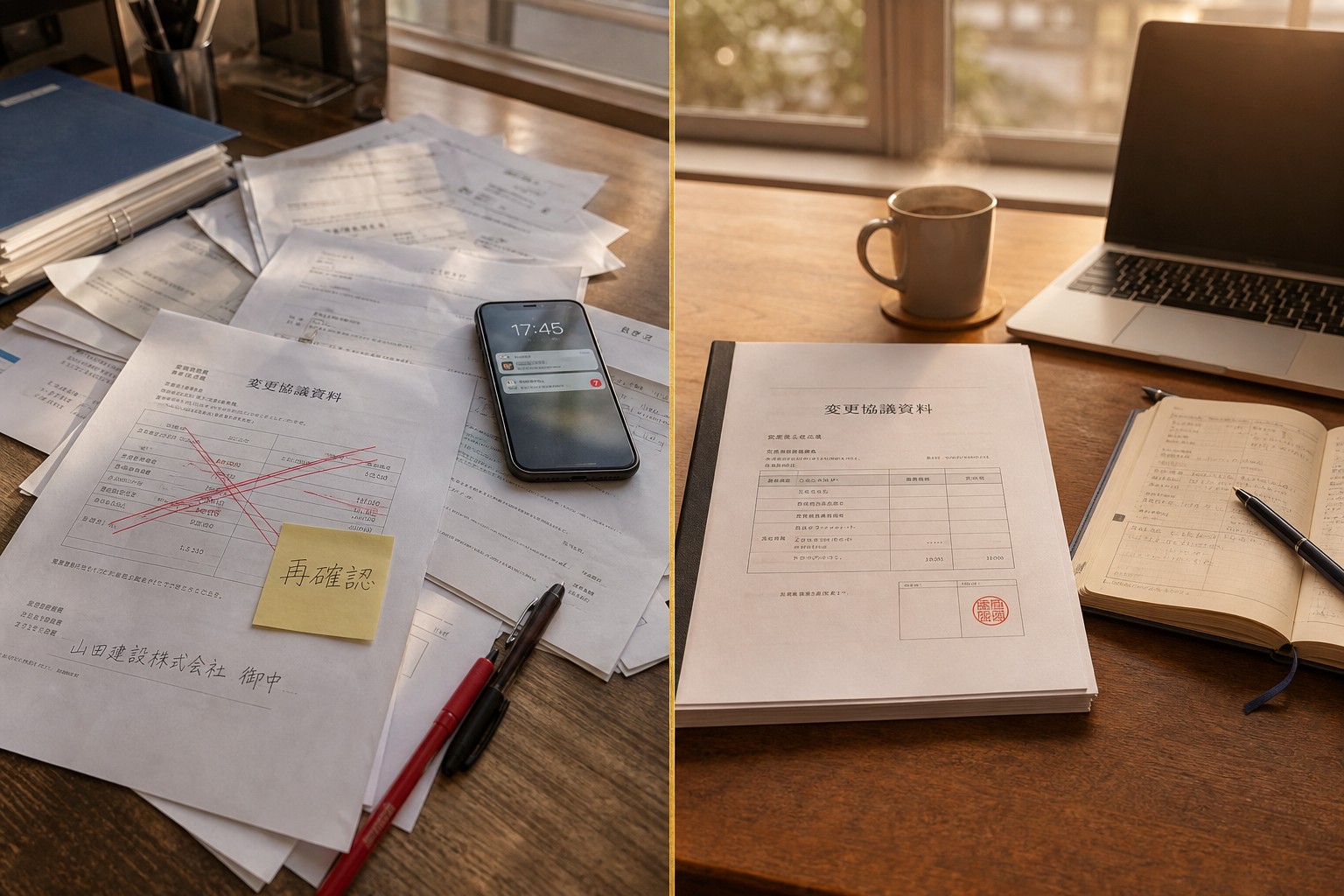 AIに任せきりで事故った書類と、下ごしらえだけ任せて所長が最終確認した書類の左右対比
