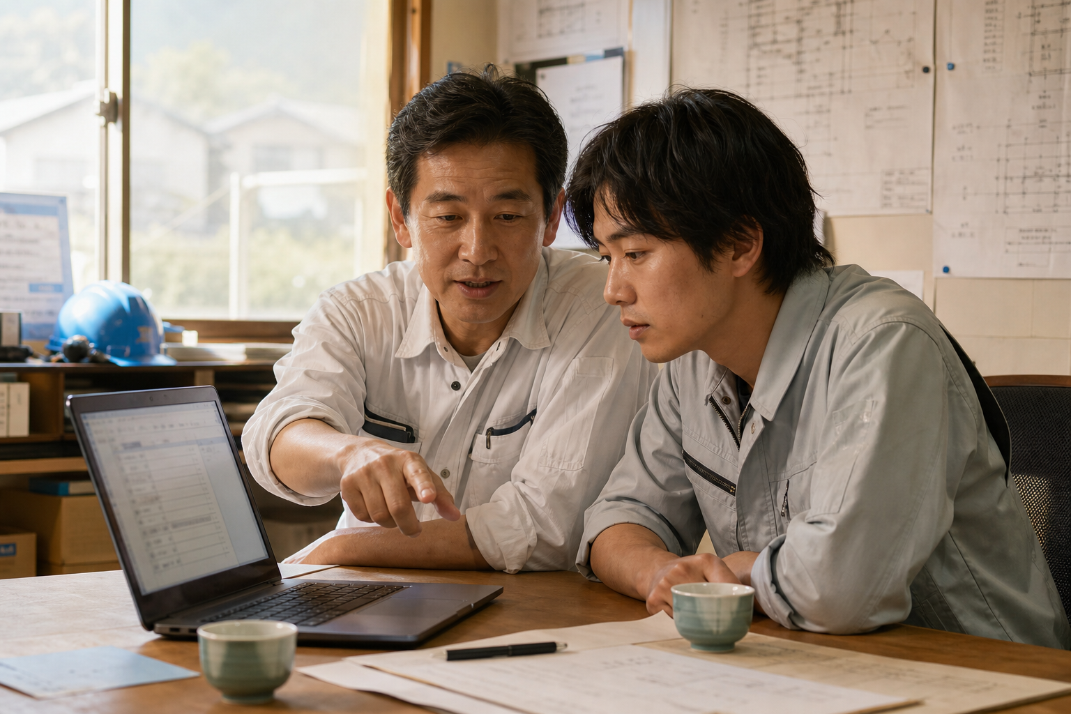 現場所長が若手監督にAI下書きの直し方を指差しながら説明している場面