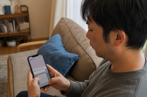 自宅リビングでスマホのAIチャットに住宅会社を尋ねようとしている30代の男性のドキュメンタリー風スナップ