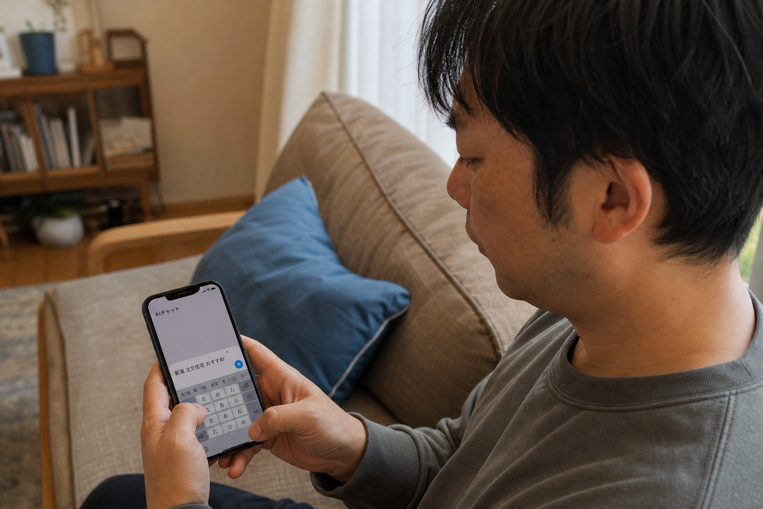 自宅リビングでスマホのAIチャットに住宅会社を尋ねようとしている30代の男性のドキュメンタリー風スナップ