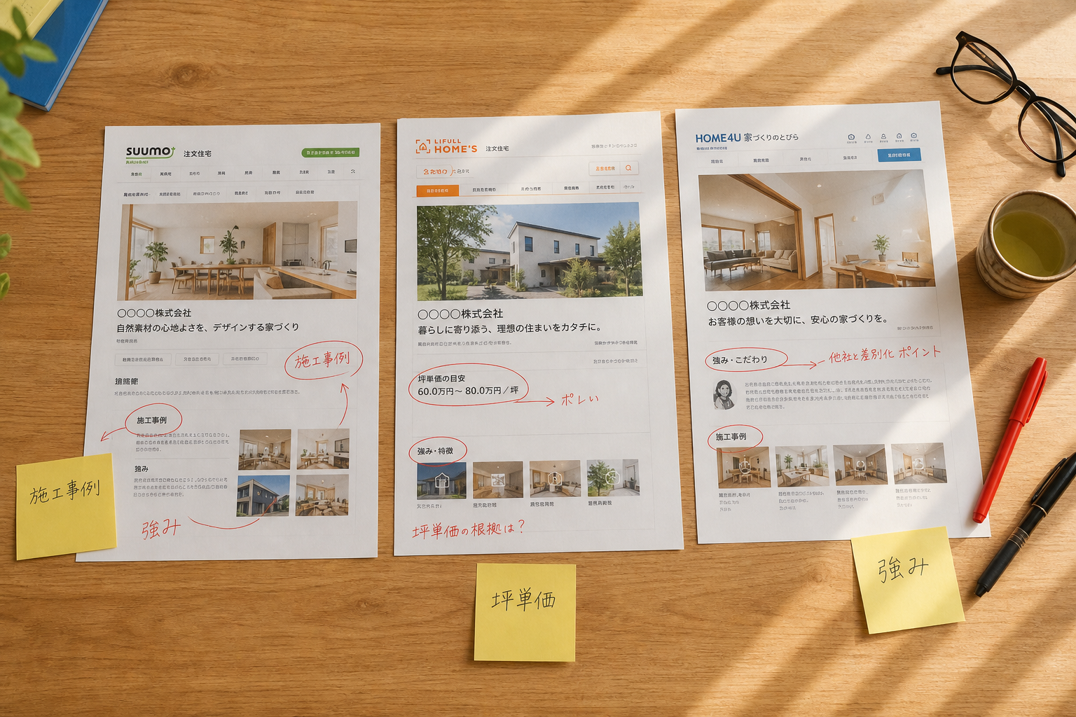 住宅比較ポータル3社の掲載ページのプリントアウトが赤ペンの書き込み付きで机上に並ぶ俯瞰