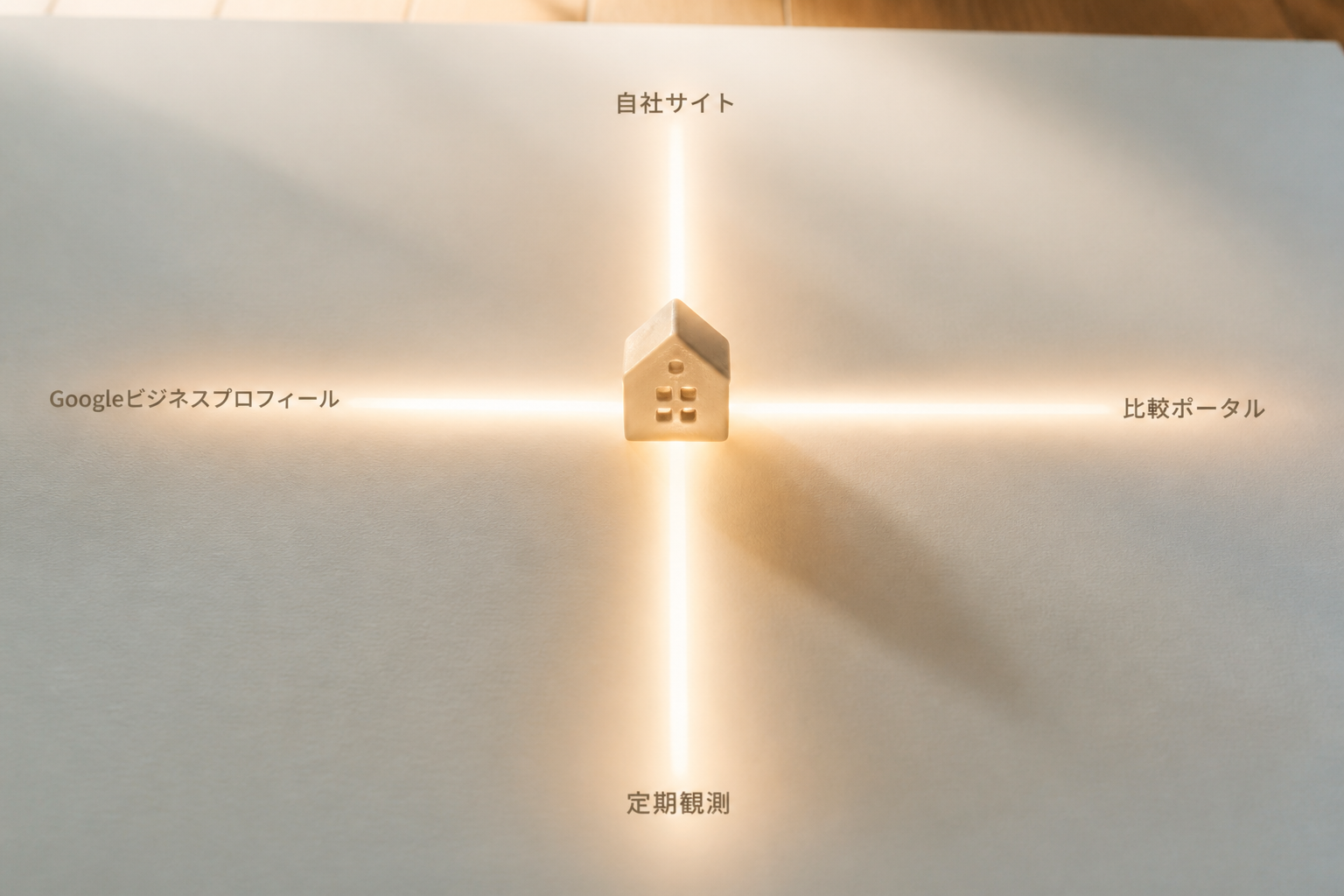 住宅会社の家のシルエットから自社サイト・GBP・比較ポータル・定期観測の4本の光の帯が伸びる抽象イメージ