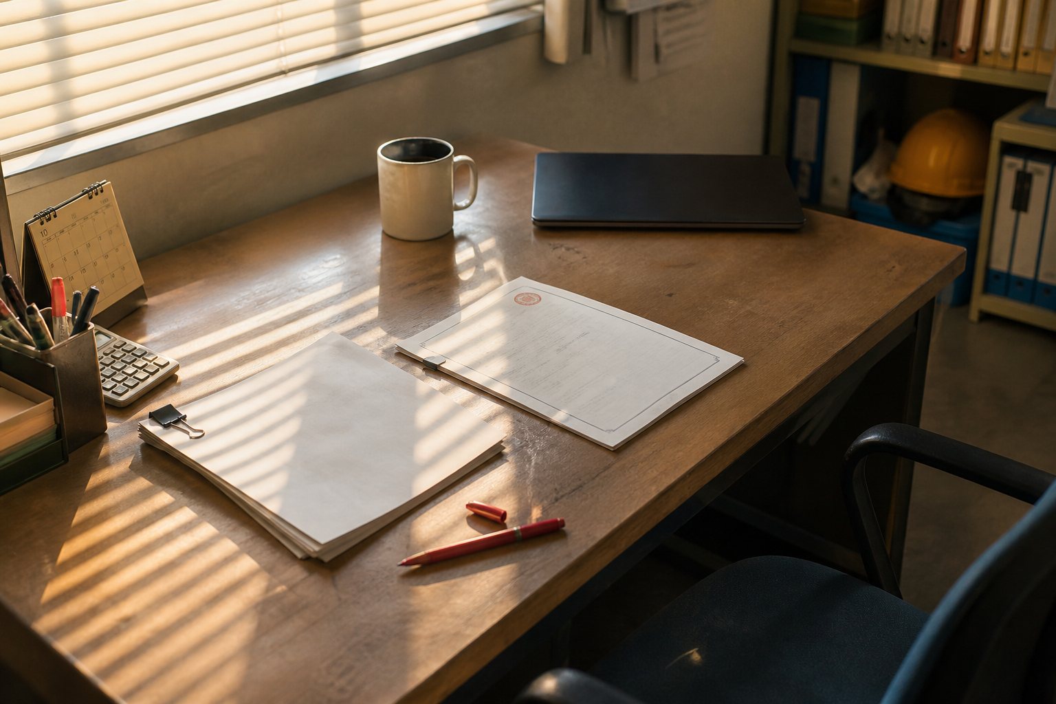 押印された提出書類1部と、押印のない下書きの束だけが残された、人のいない現場事務所の机