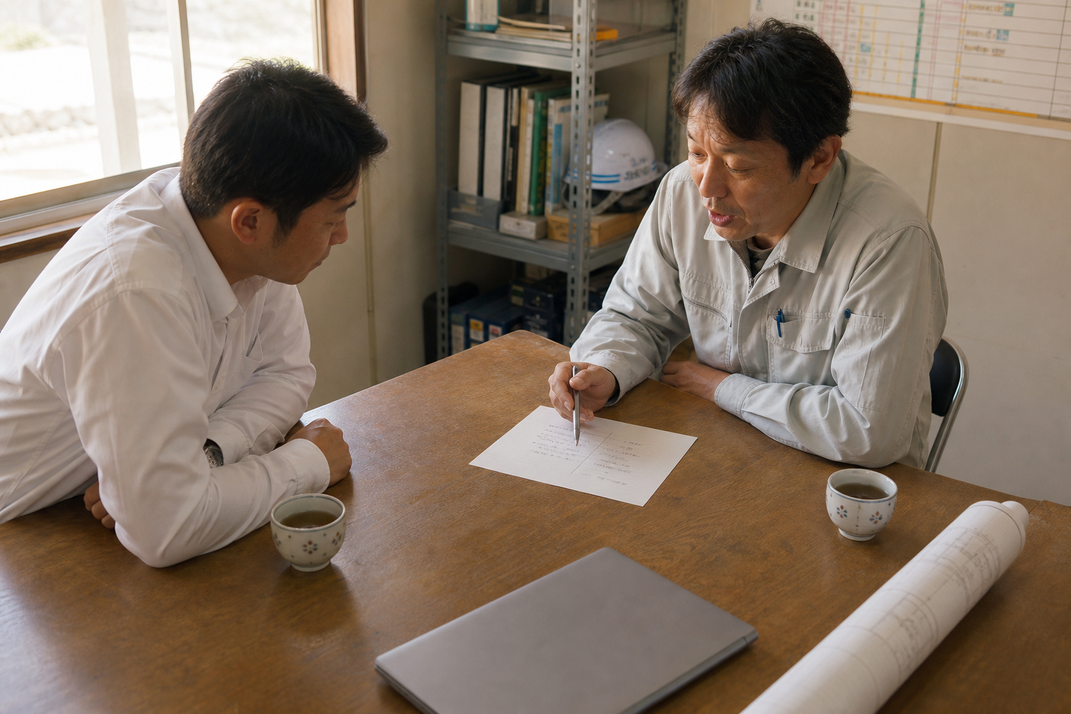現場所長と外部の担当者が、1枚の紙に引いた線を挟んで役割分担を確認している打合せの場面