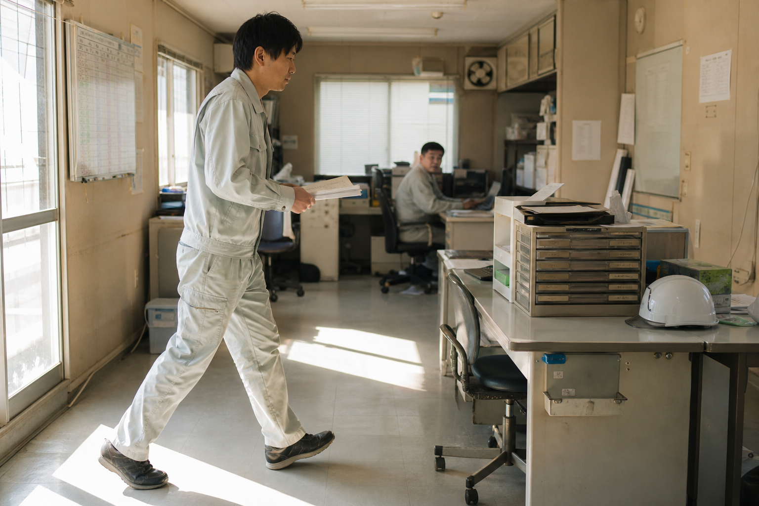 外から届いた書類の下書きを抱えて、現場所長のデスクへ向かう若手監督