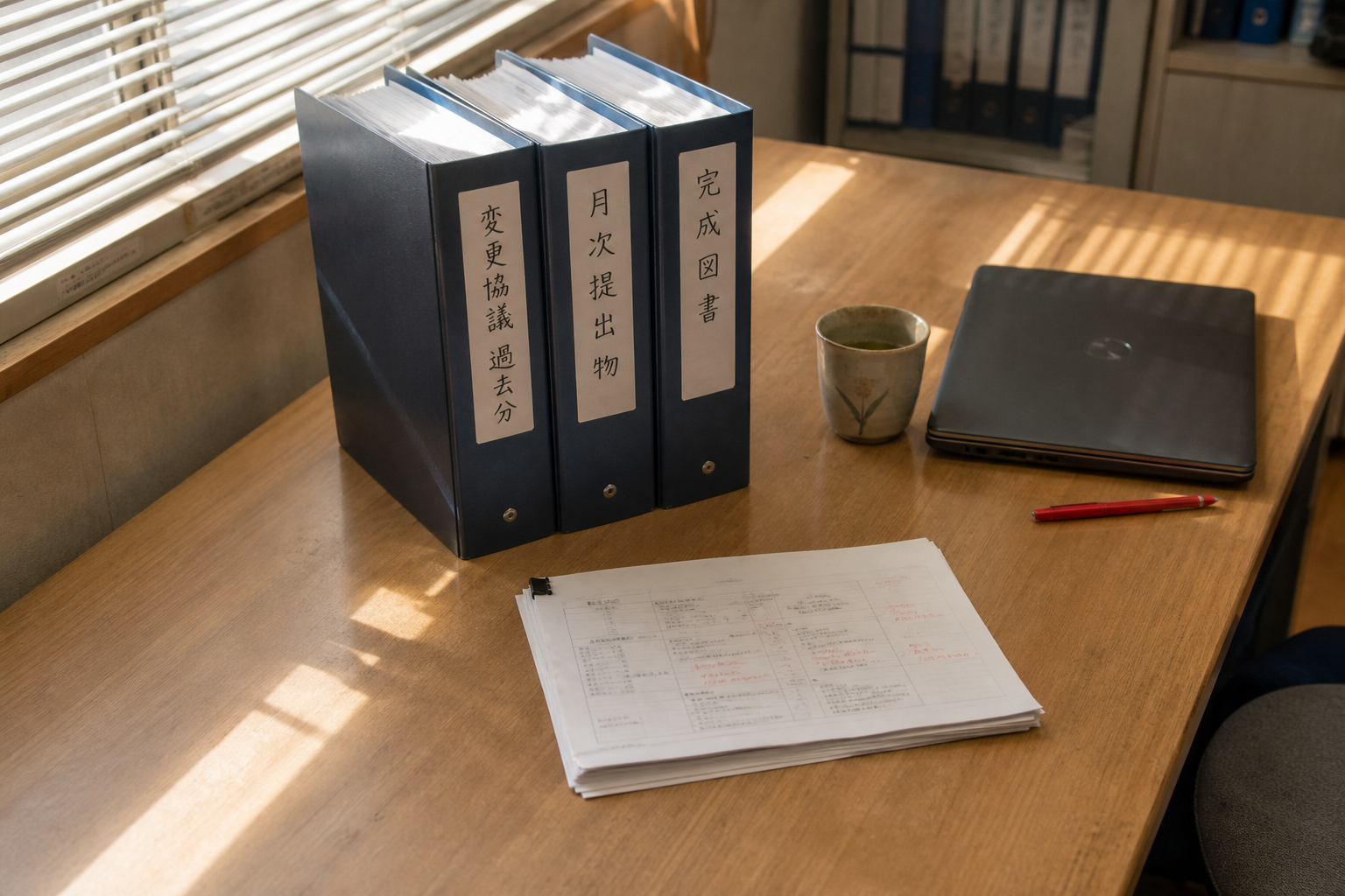 机の上に立てて並べられた過去書類のバインダー3冊と、その手前に置かれたAIが下ごしらえした変更協議資料の下書き
