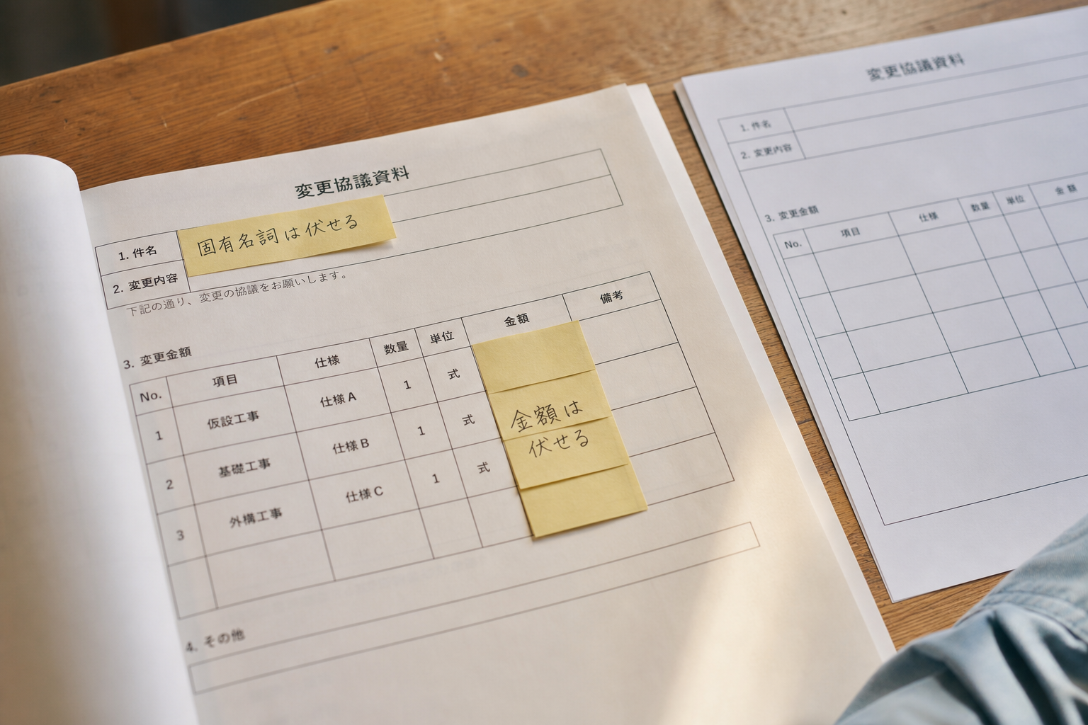 過去書類の金額欄と宛名欄を黄色の付箋で伏せ、その隣に同じ様式の空欄スケルトンを並べて教材化している場面