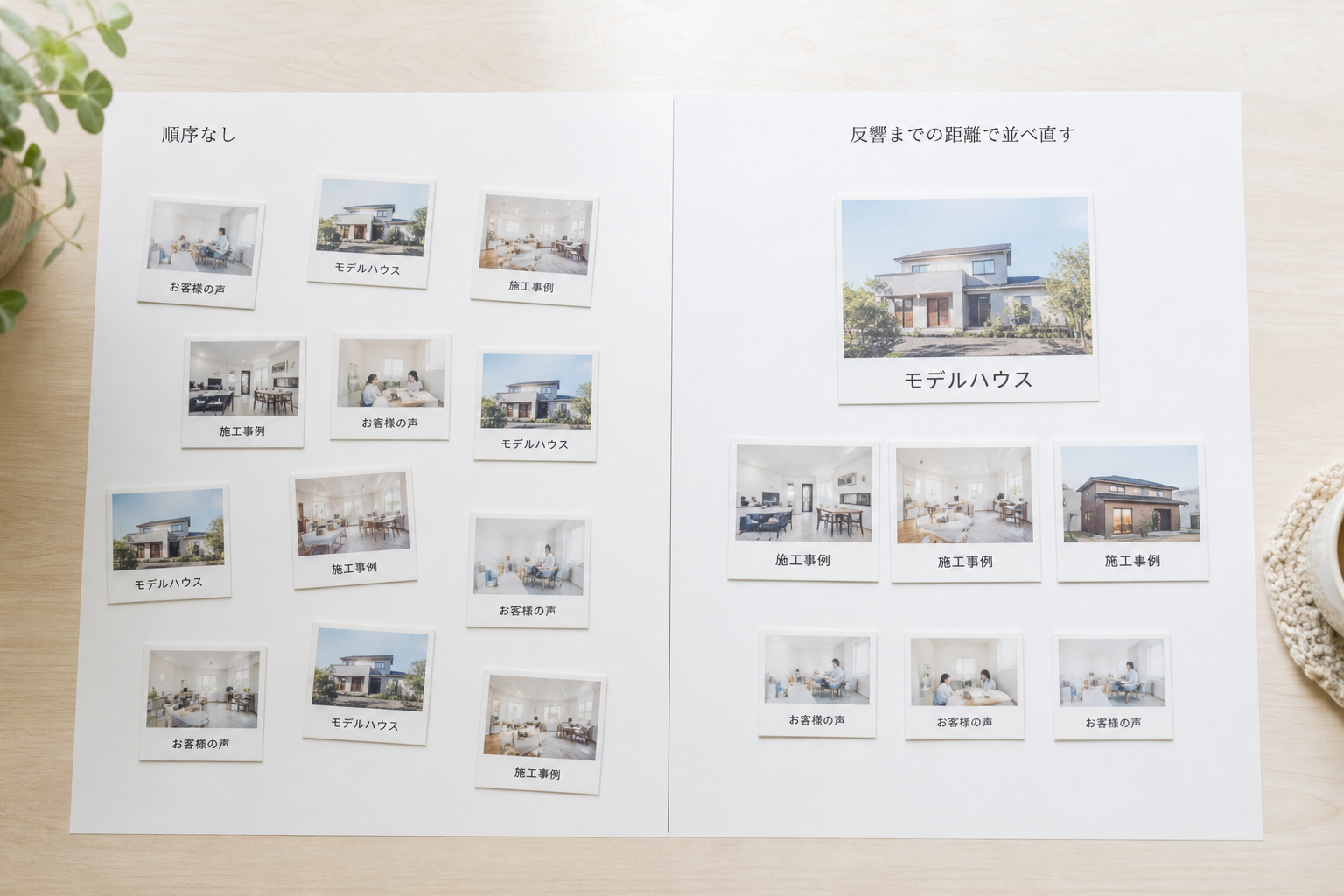 同じ3種類のコンテンツを、順序なく並べた状態と、反響までの距離で並べ直した状態を左右に比較したビフォーアフター