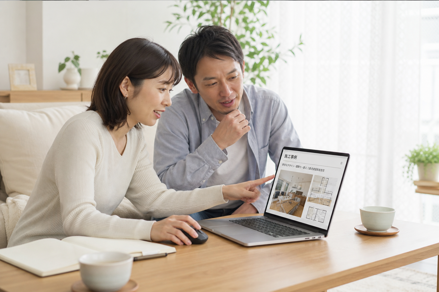 リビングで30代の夫婦がノートPCの施工事例ページを一緒に覗き込みながら会話している動作スナップ