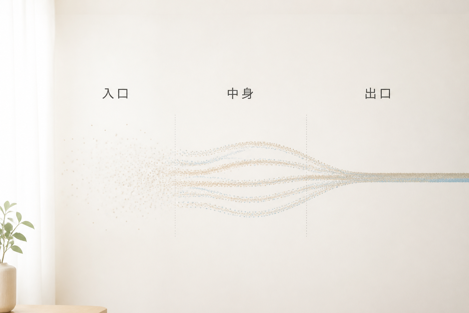 入口・中身・出口の3段階で数字が絞り込まれていく流れを表した抽象データアート