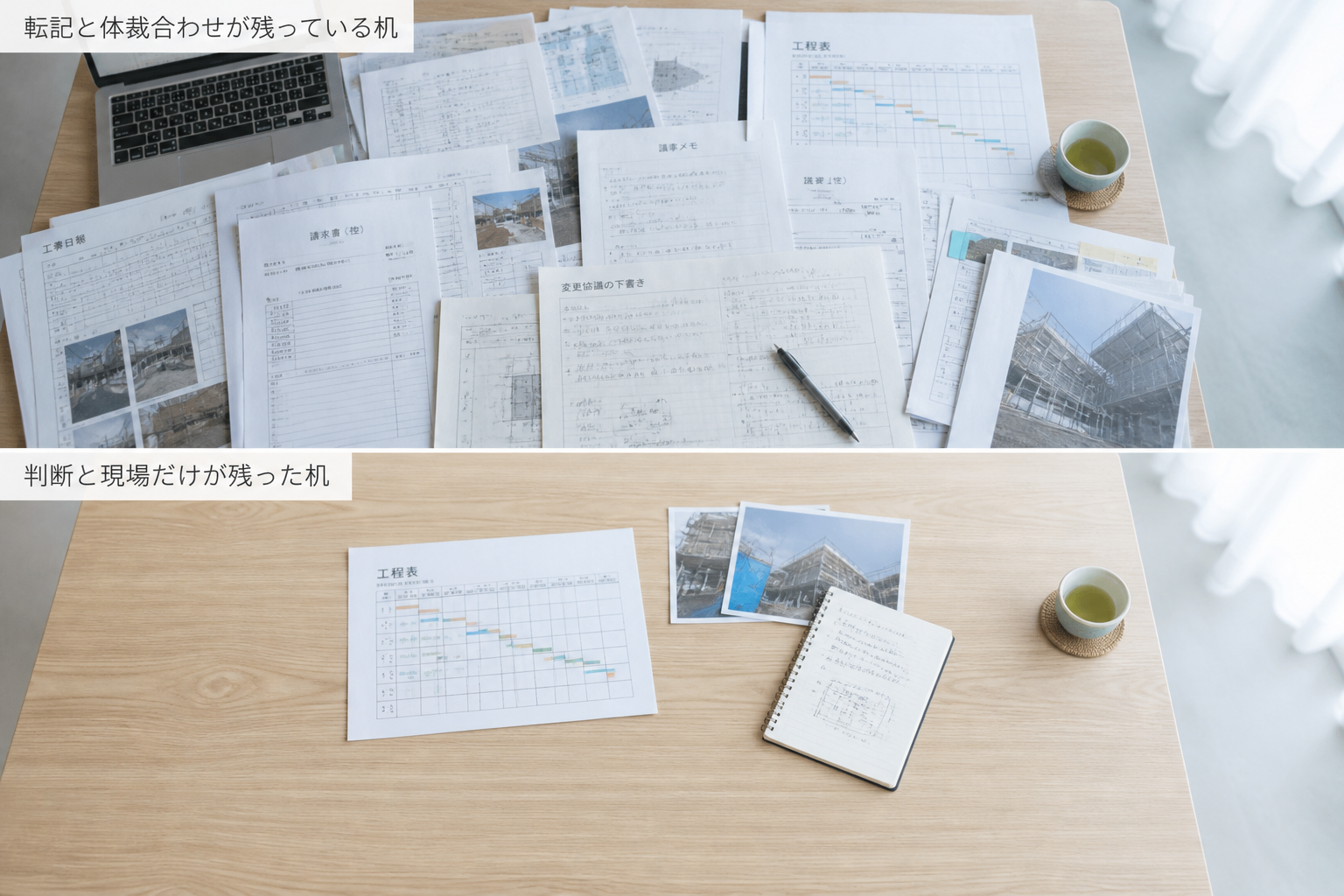 書類で埋め尽くされた若手の机と、判断業務だけが残った机の俯瞰対比